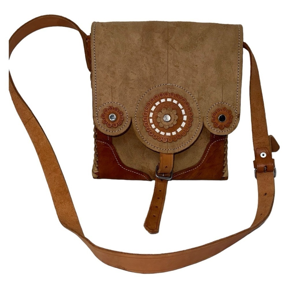 Genuine Vintage Vachetta Leather Flap Crossbody Bag Flowers Woven